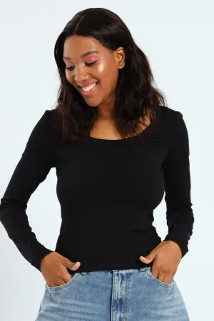 Basic Long Sleeve Scoop Neck Top - Black