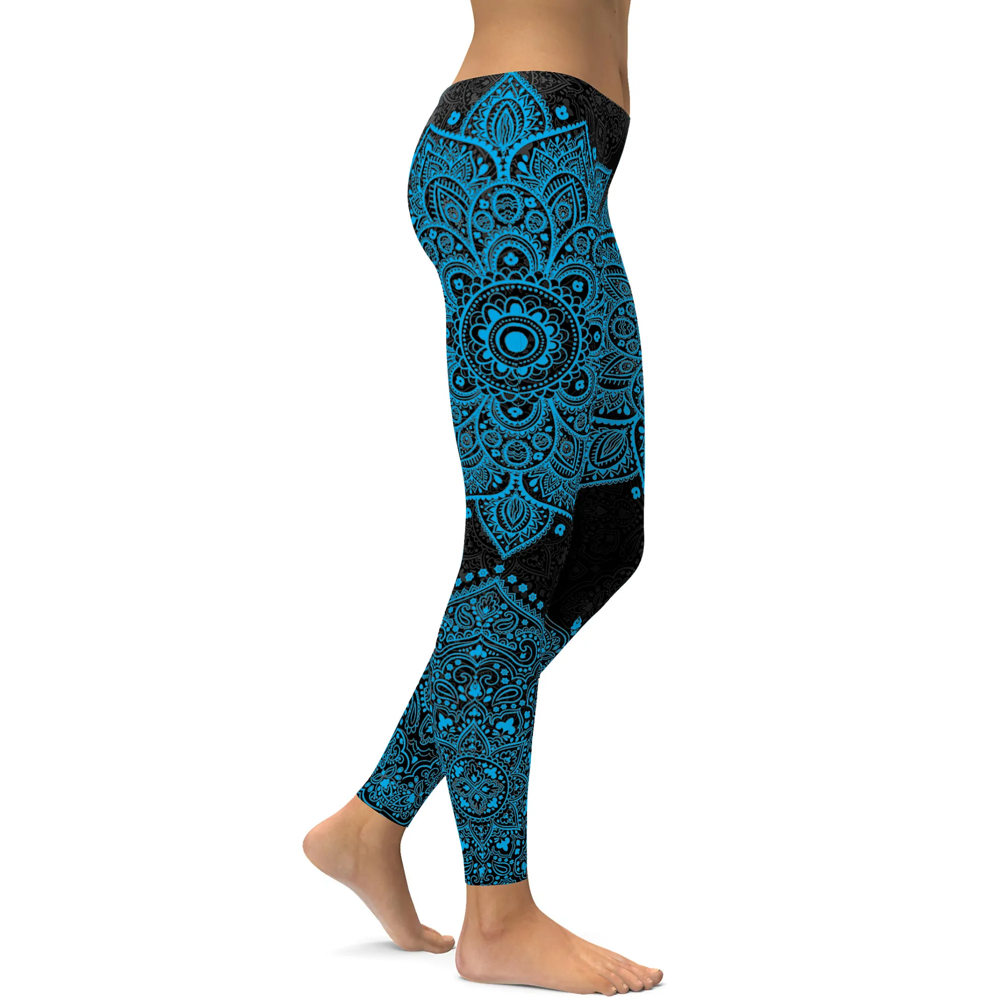 Black and Cyan Blue Mandala Leggings