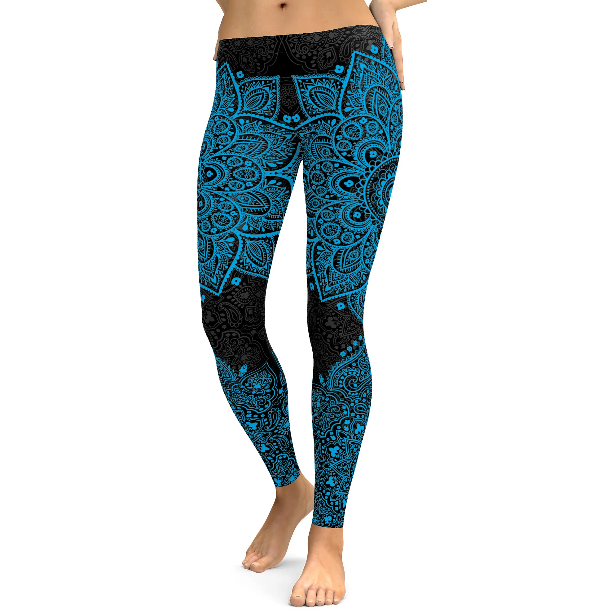 Black and Cyan Blue Mandala Leggings
