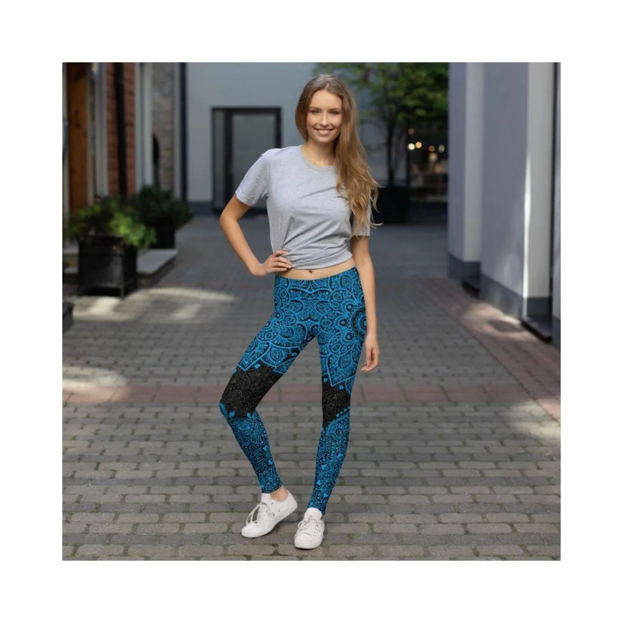 Black and Cyan Blue Mandala Leggings