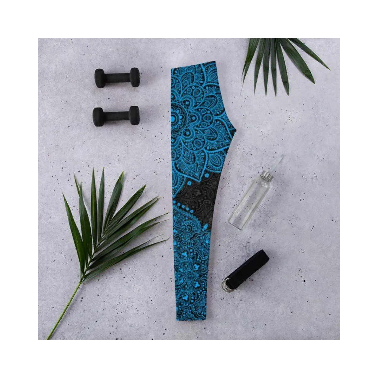 Black and Cyan Blue Mandala Leggings