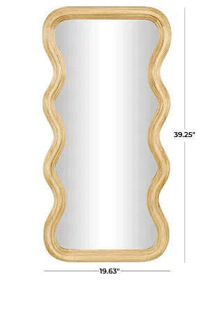 BROWN WOOD WAVY WALL MIRROR WITH DIMENSIONAL CARVED FRAME, 20" X 2" X 39"
