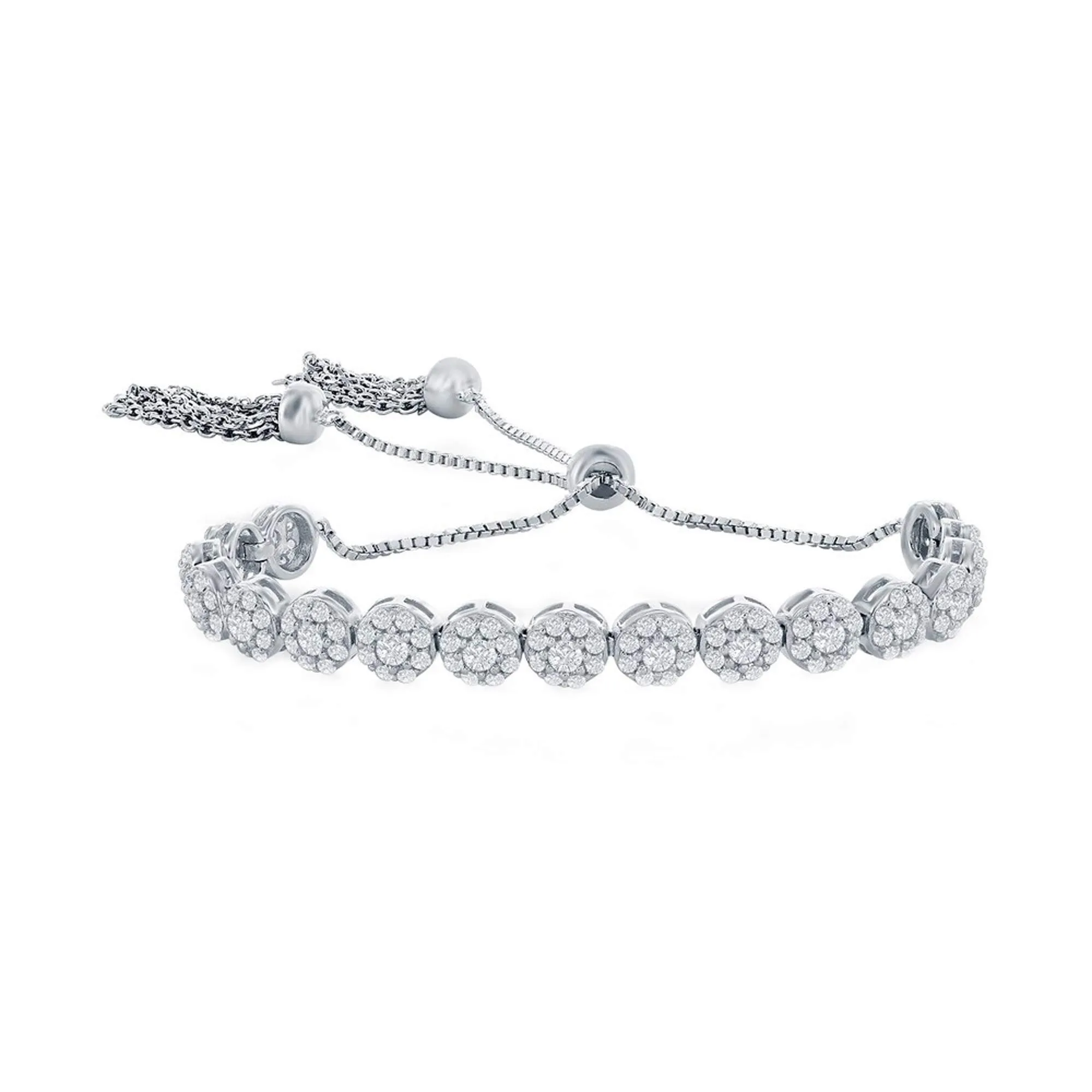 Classic Women's Bracelet - Sterling Silver CZ Cluster Round Adjustable Bolo | T-8041