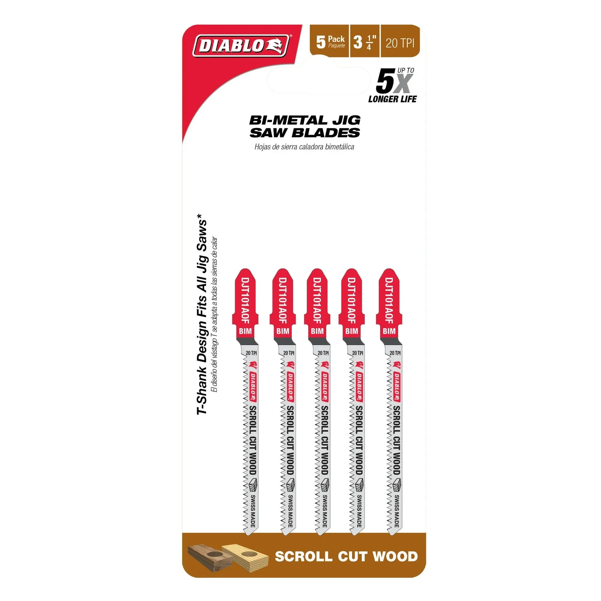 Diablo DJT101AOF5 - 3-1/4 in. 20 TPI Bi-Metal T-Shank Jig Saw Blades for Scroll Cuts in Wood- 5-Pack