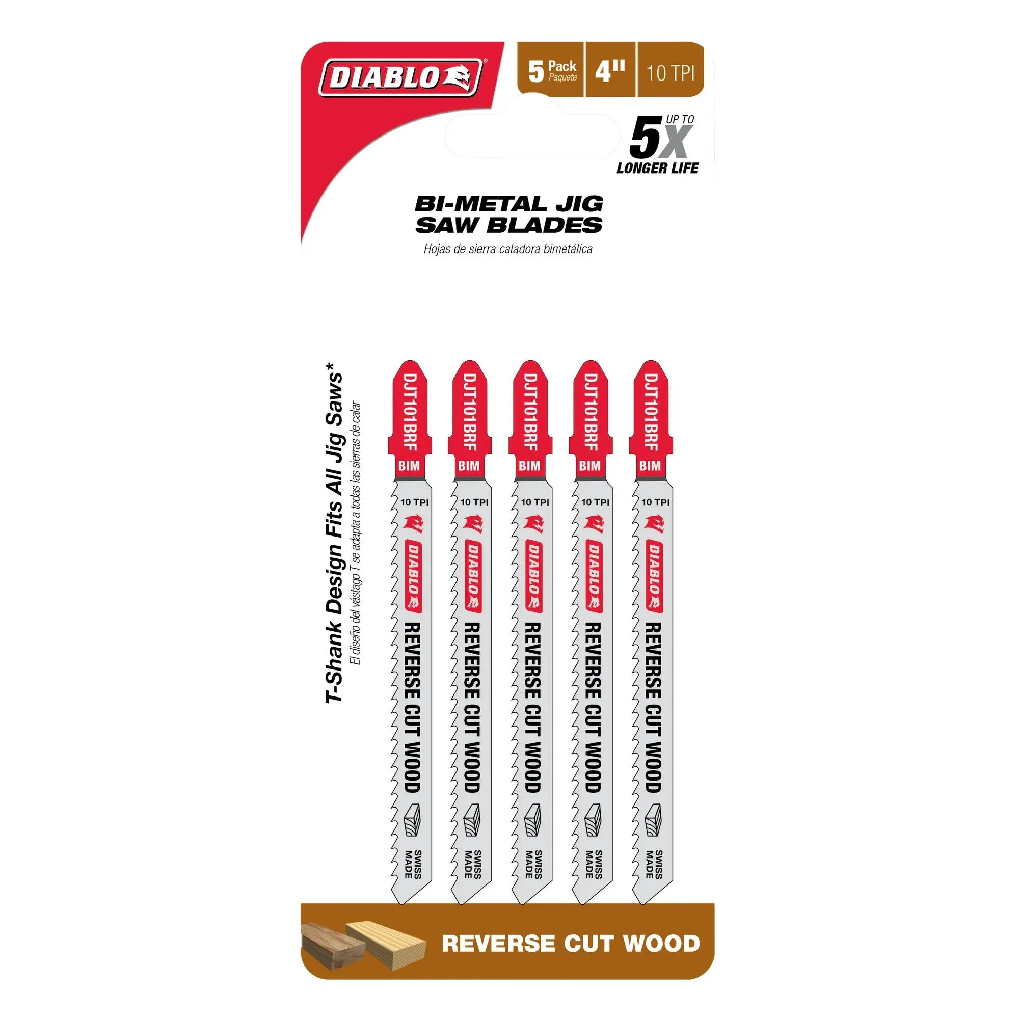 Diablo DJT101BRF5 - 4 in. 10 TPI Bi-Metal T-Shank Jig Saw Blades for Reverse Cuts in Wood - 5 Pack