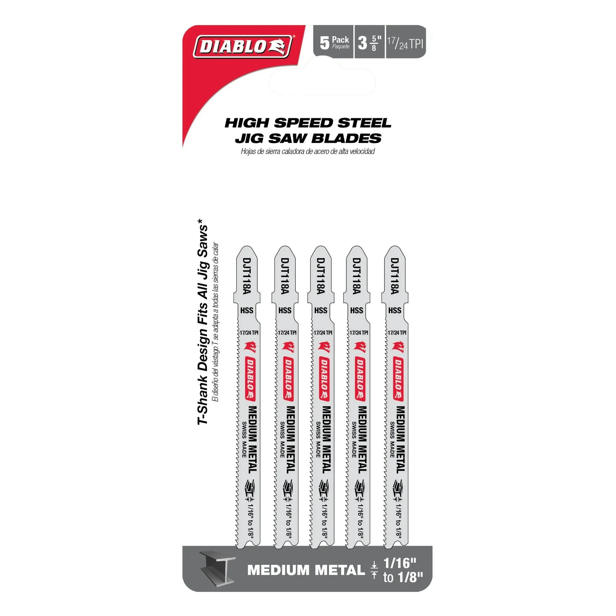 Diablo DJT118A5 - 3-5/8 in. 17/24 TPI High Speed Steel T-Shank Jig Saw Blades for Medium Metal- 5 Pack