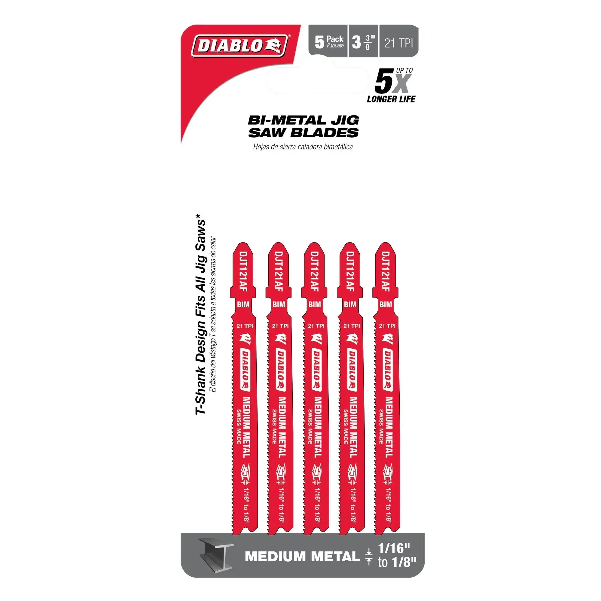Diablo DJT121AF5 - 3-5/8 in. 21 TPI Bi-Metal T-Shank Jig Saw Blades for Medium Metal