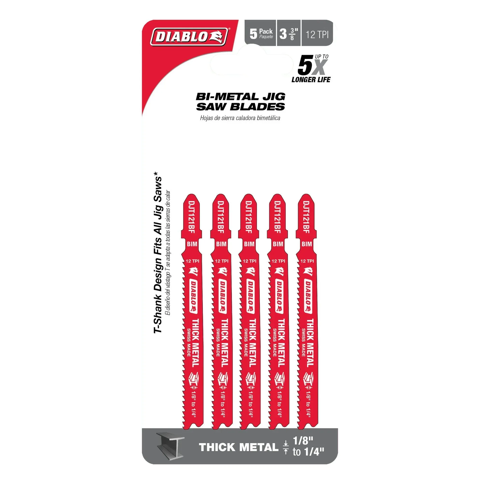 Diablo DJT121BF5- 3-3/8 in. 12 TPI Bi-Metal T-Shank Jig Saw Blades for Thick Metal