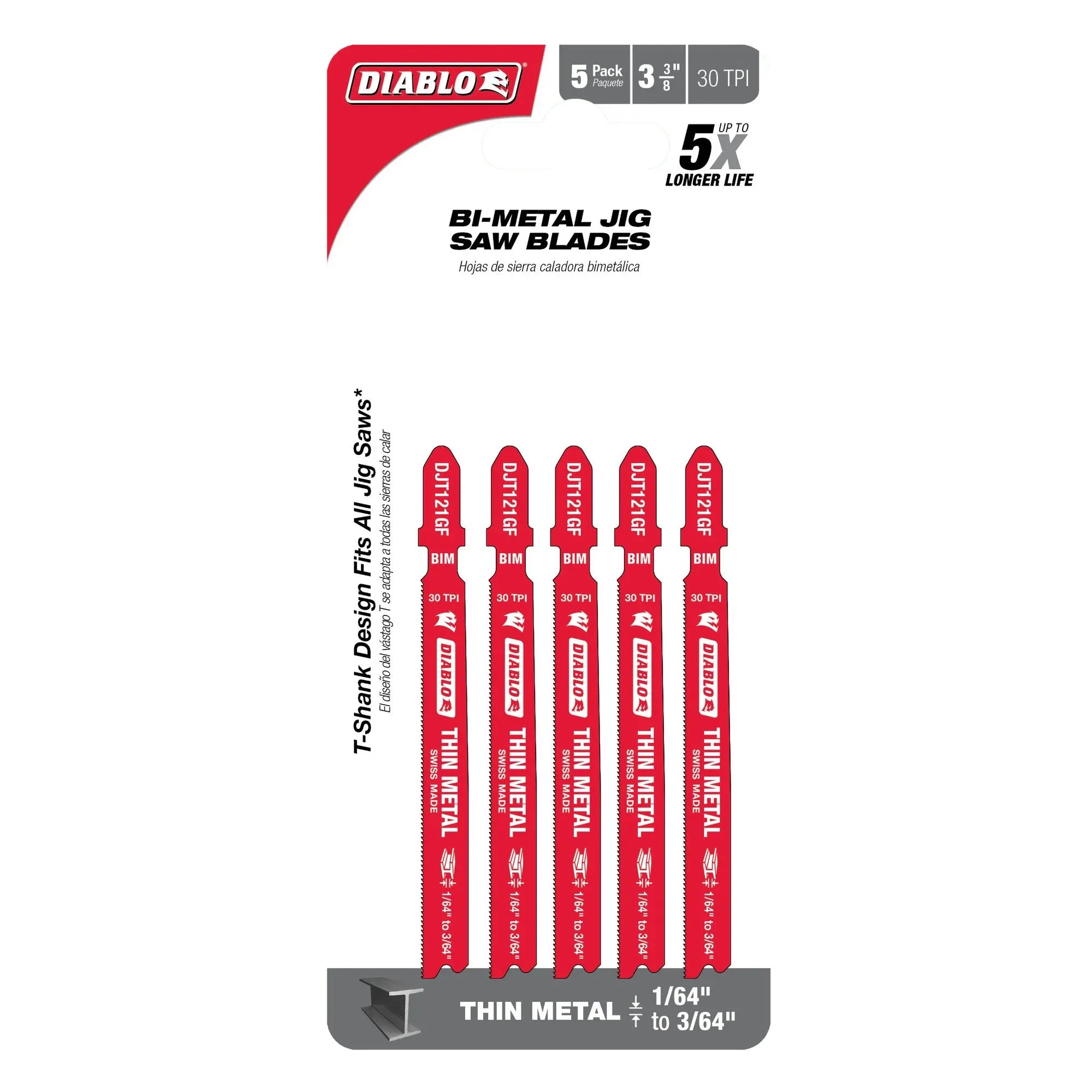 Diablo DJT121GF5 - 3-5/8 in. 30 TPI Bi-Metal T-Shank Jig Saw Blades for Thin Metal