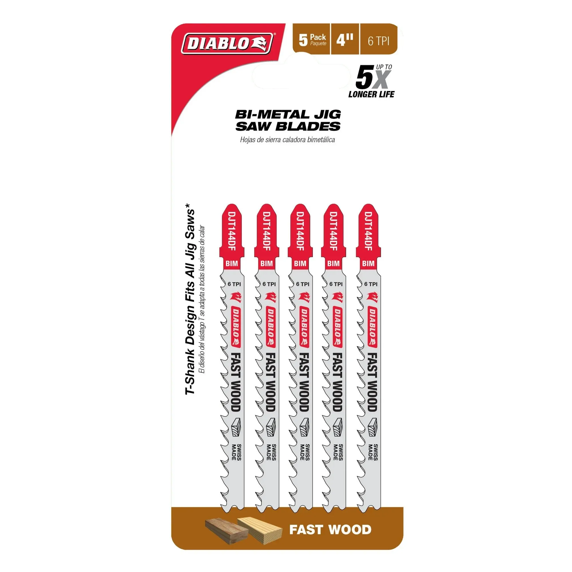 Diablo DJT144DF5 - 4 in. 6 TPI Bi-Metal T-Shank Jig Saw Blades for Fast Wood Cuts - 5 Pack