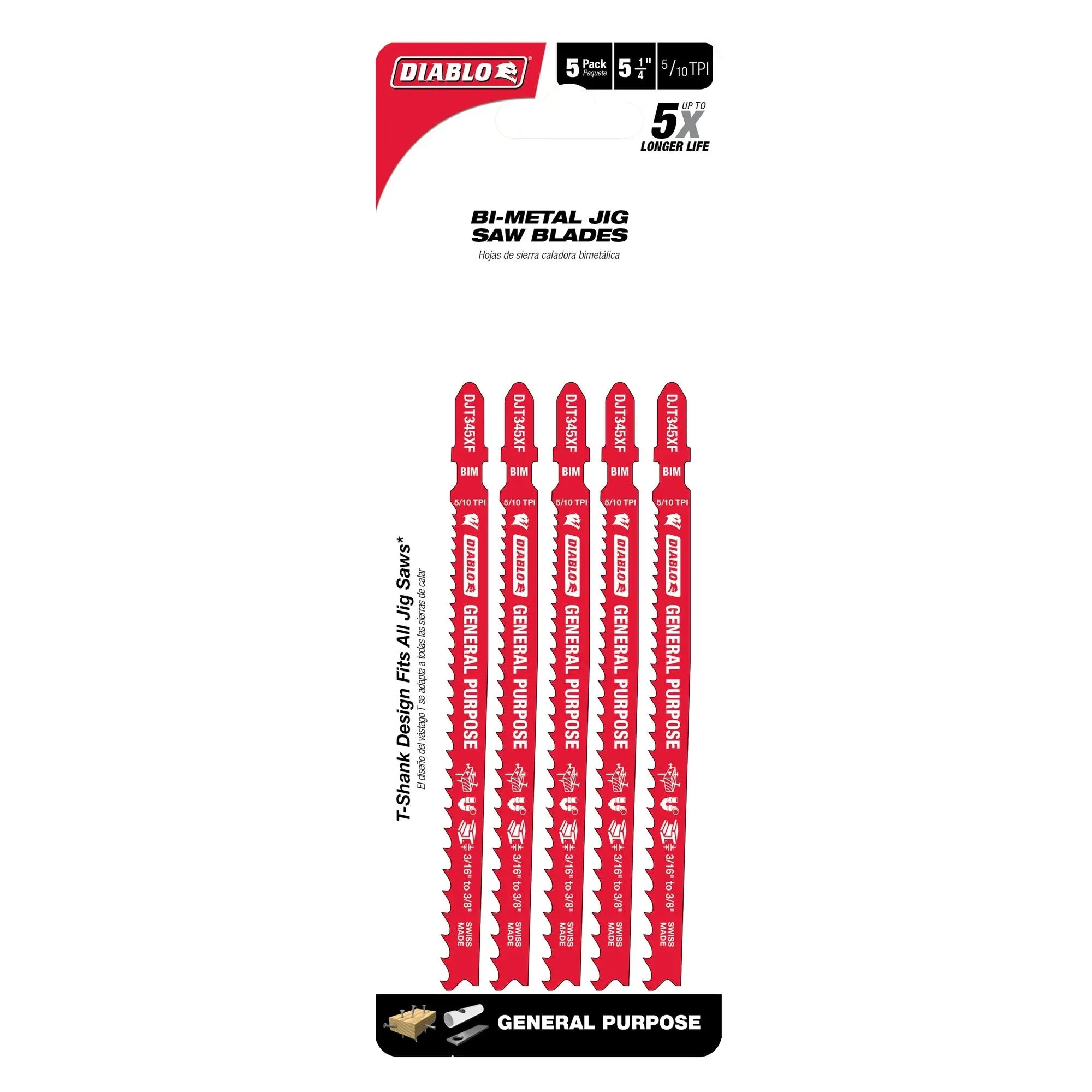 Diablo DJT345XF5 -  5-1/4 in. 5/10 TPI Bi-Metal T-Shank Jig Saw Blades for General Purpose Cuts- 5 Pack