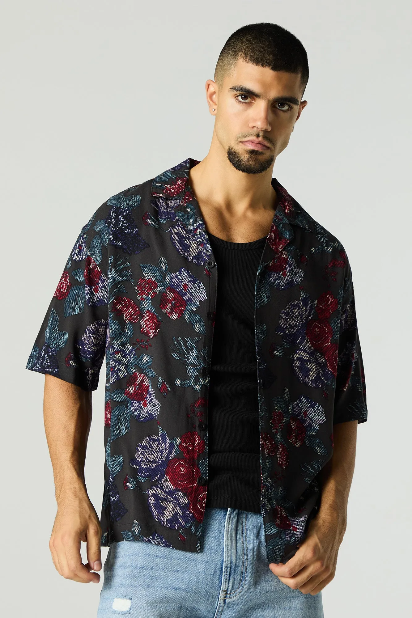 Floral Print Short Sleeve Button-Up Top