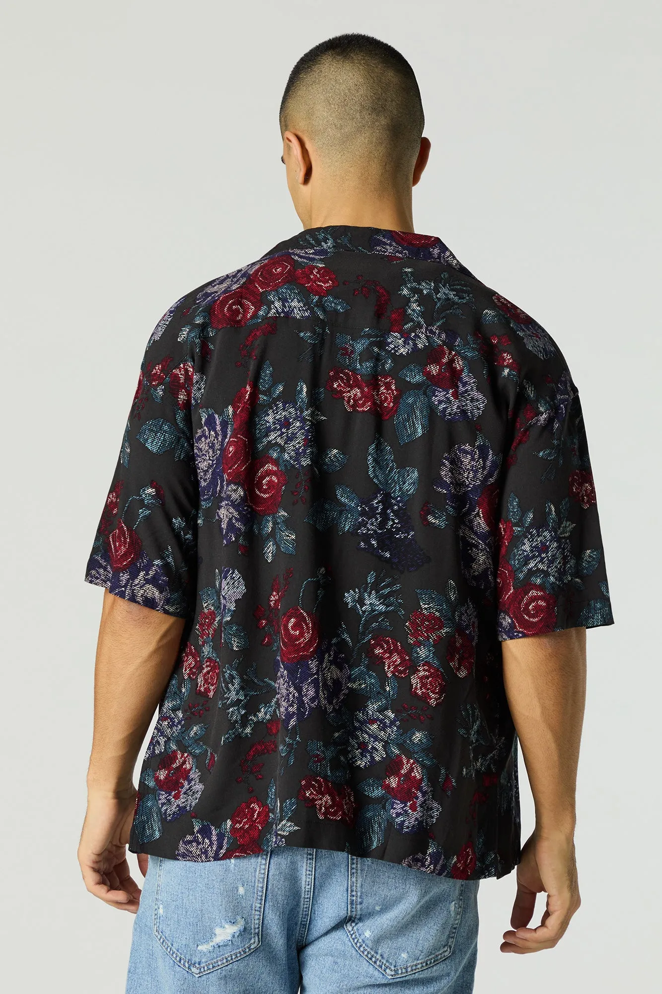 Floral Print Short Sleeve Button-Up Top