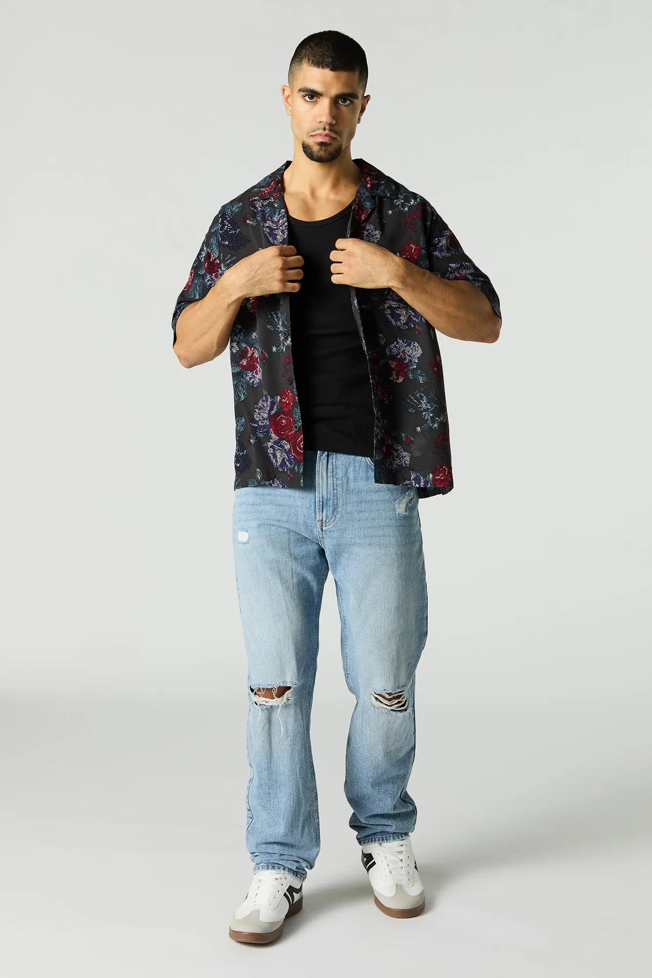 Floral Print Short Sleeve Button-Up Top