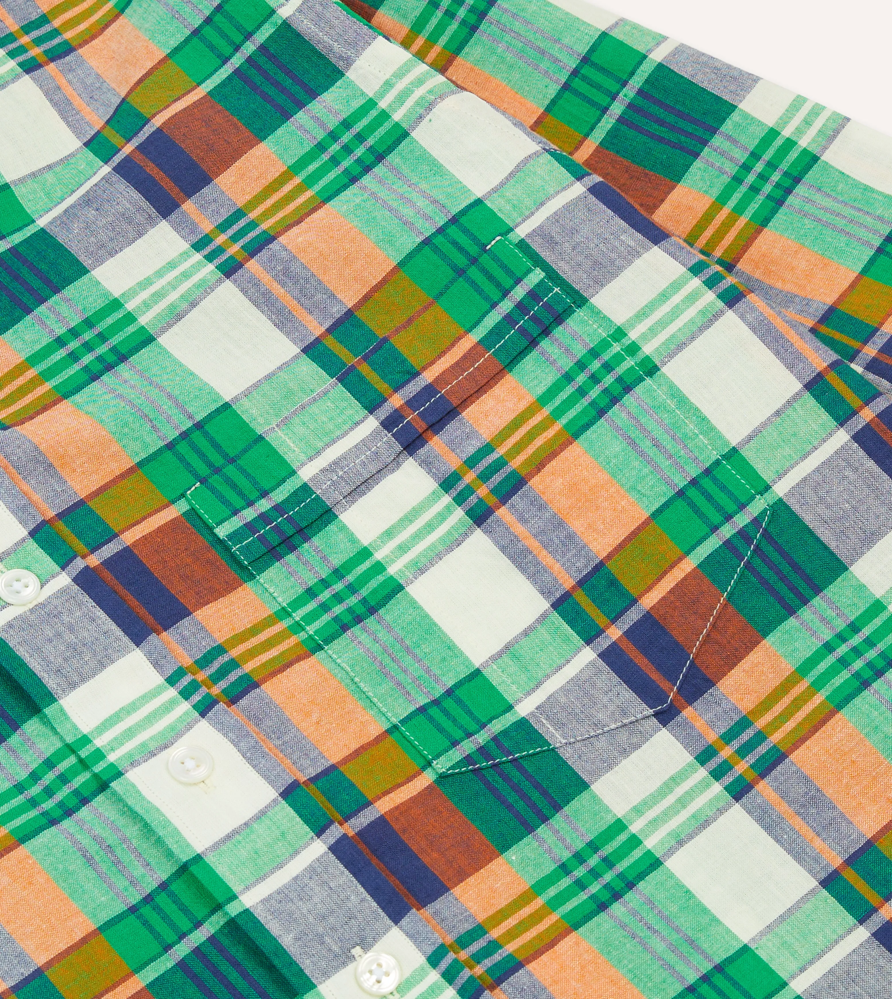 Green and Orange Madras Check Cotton Button-Down Shirt