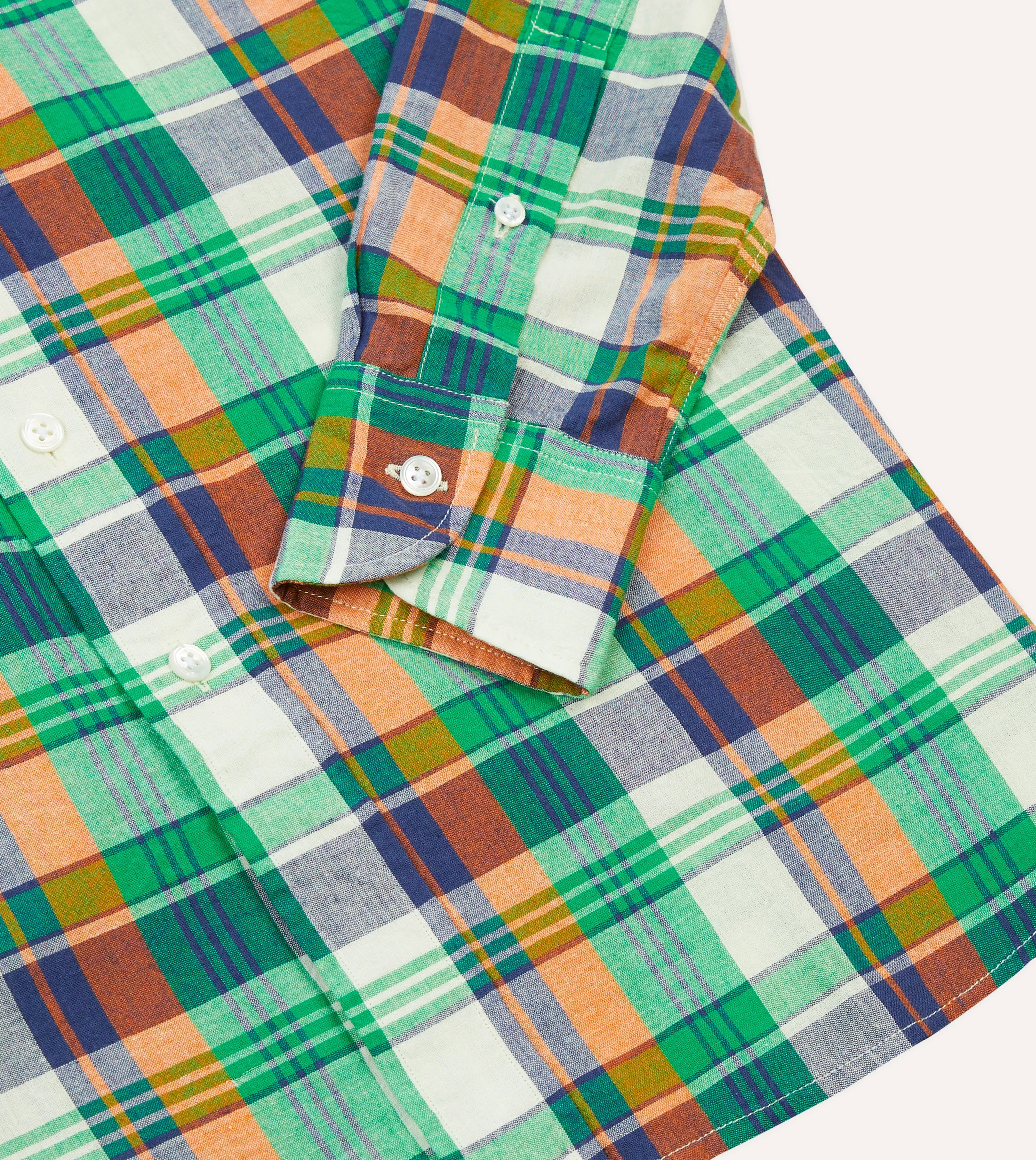 Green and Orange Madras Check Cotton Button-Down Shirt
