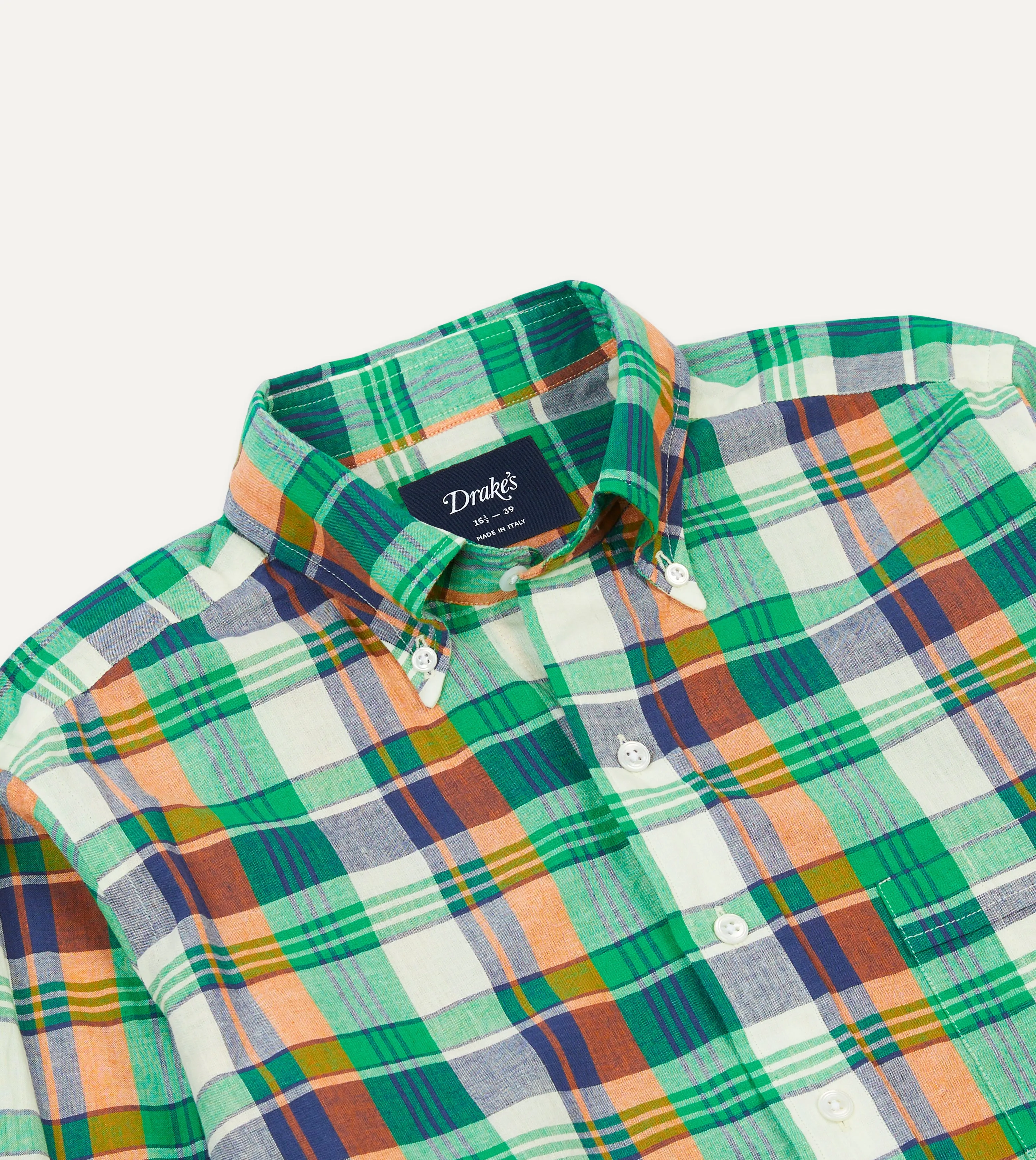 Green and Orange Madras Check Cotton Button-Down Shirt