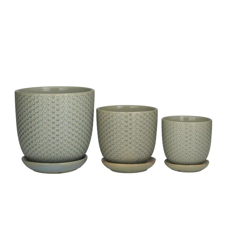 LIGHT GRAY PORCELAIN INDOOR OUTDOOR PLANTER WITH ATTACHED SAUCER