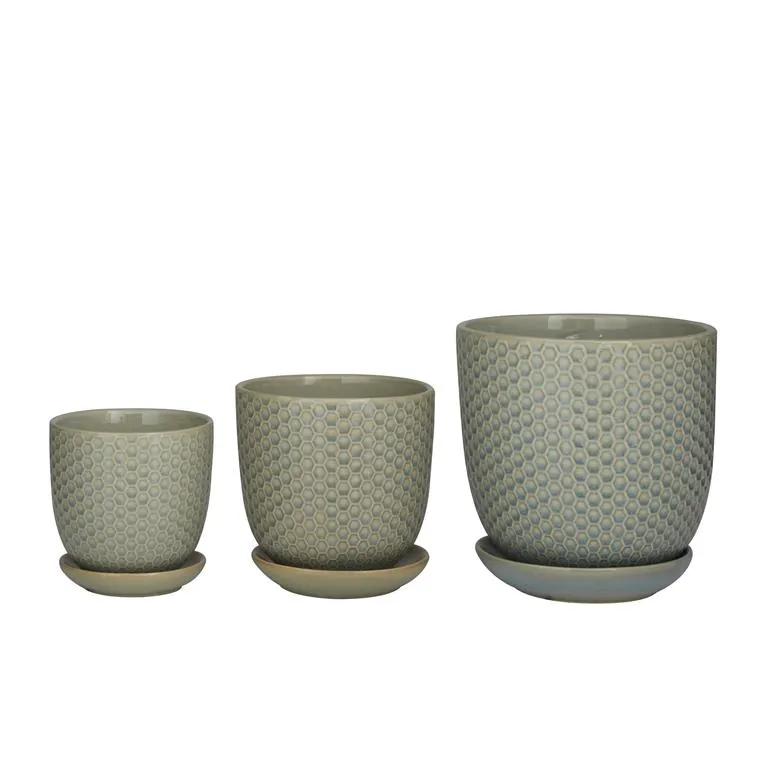 LIGHT GRAY PORCELAIN INDOOR OUTDOOR PLANTER WITH ATTACHED SAUCER