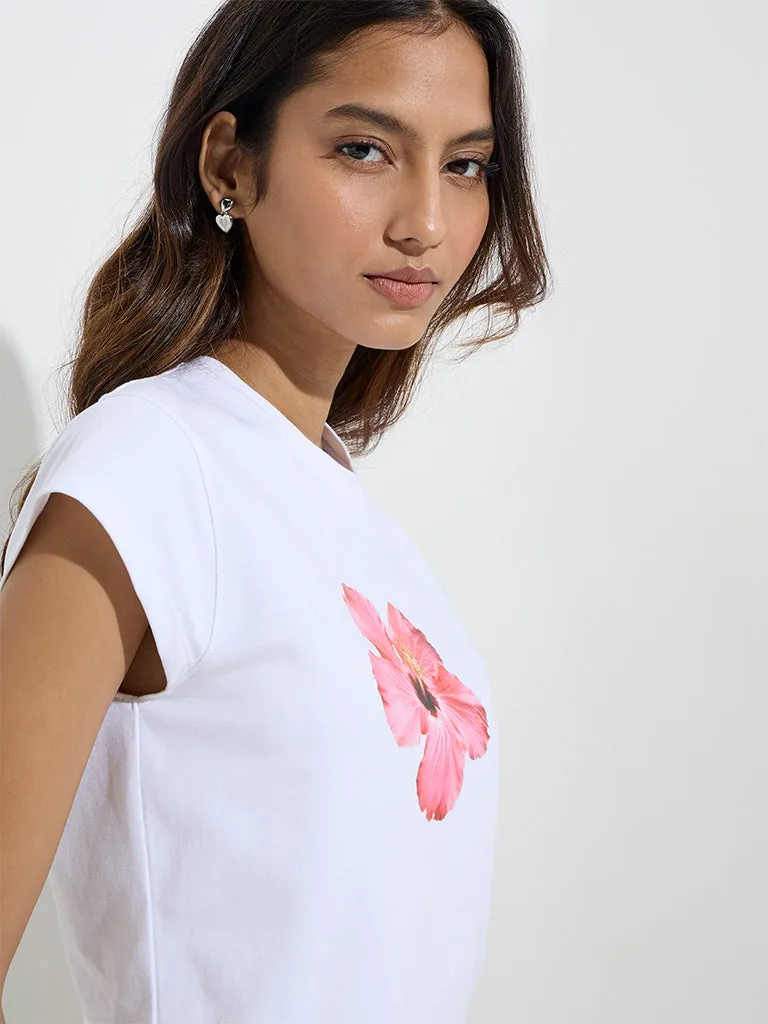 Nuon White Floral Printed Cotton T-Shirt