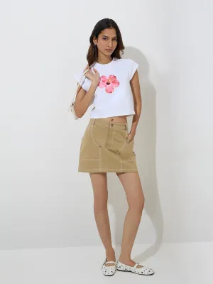 Nuon White Floral Printed Cotton T-Shirt