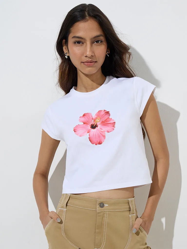 Nuon White Floral Printed Cotton T-Shirt