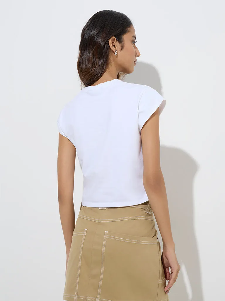 Nuon White Floral Printed Cotton T-Shirt