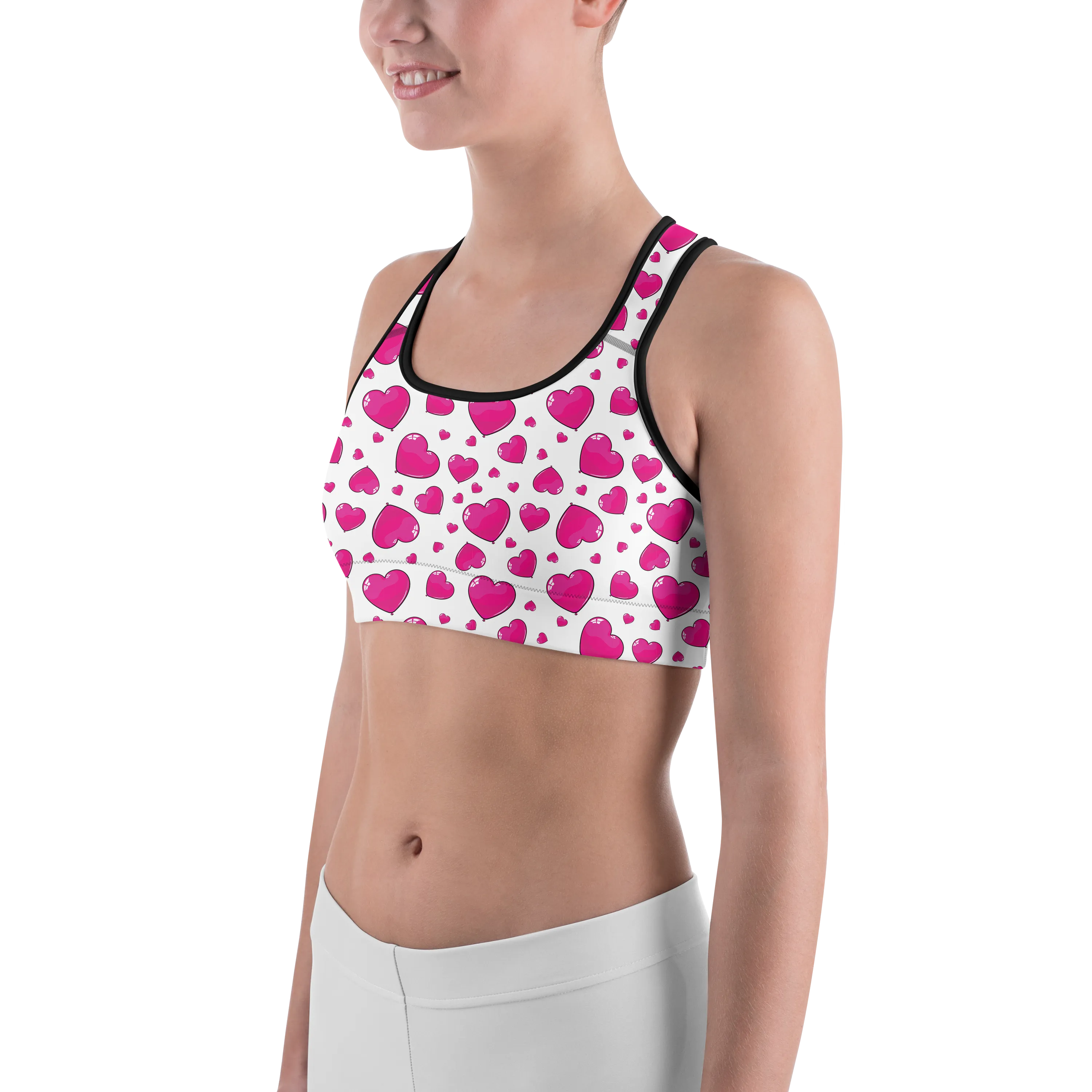 Pink Heart Shaped Balloons Sports Bra
