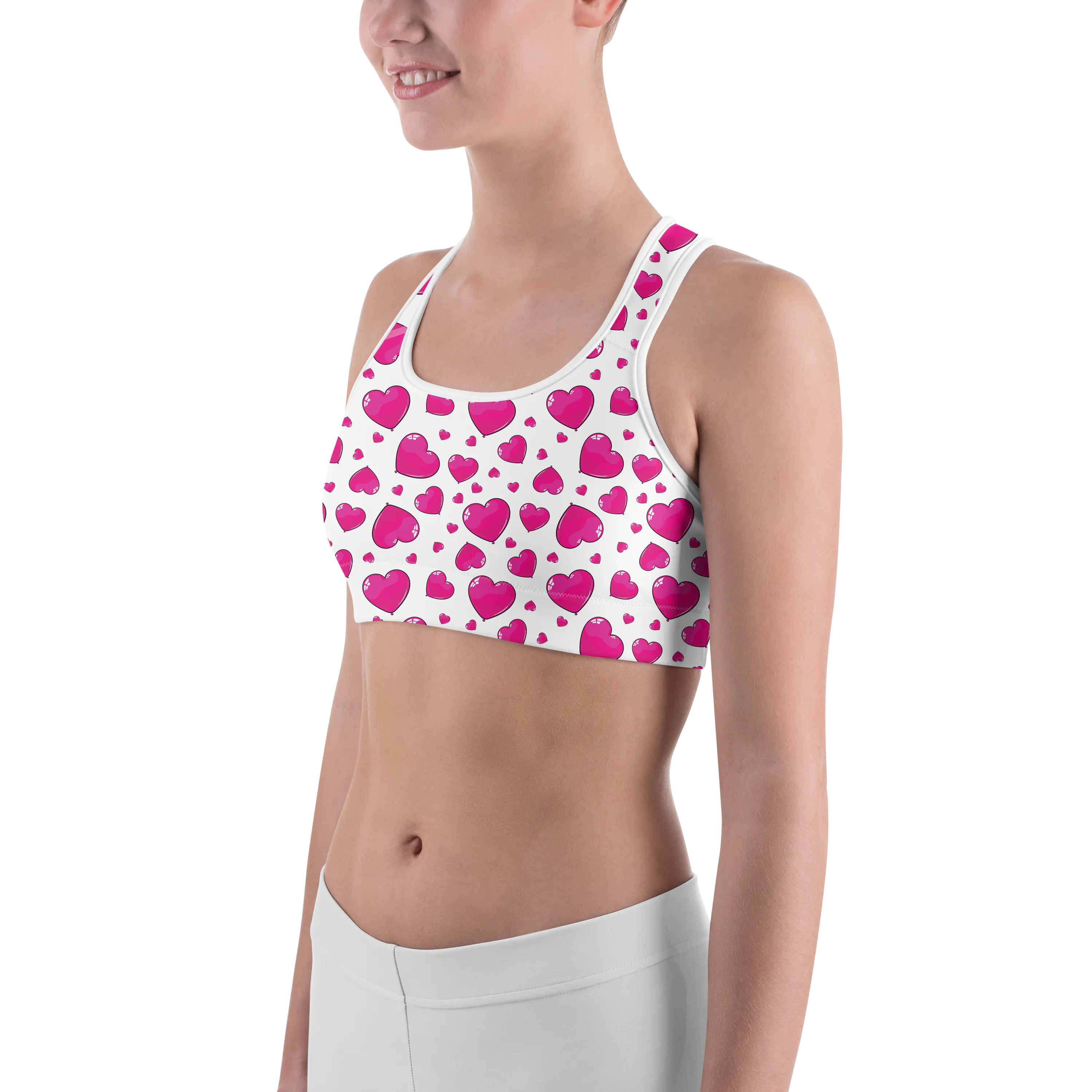 Pink Heart Shaped Balloons Sports Bra