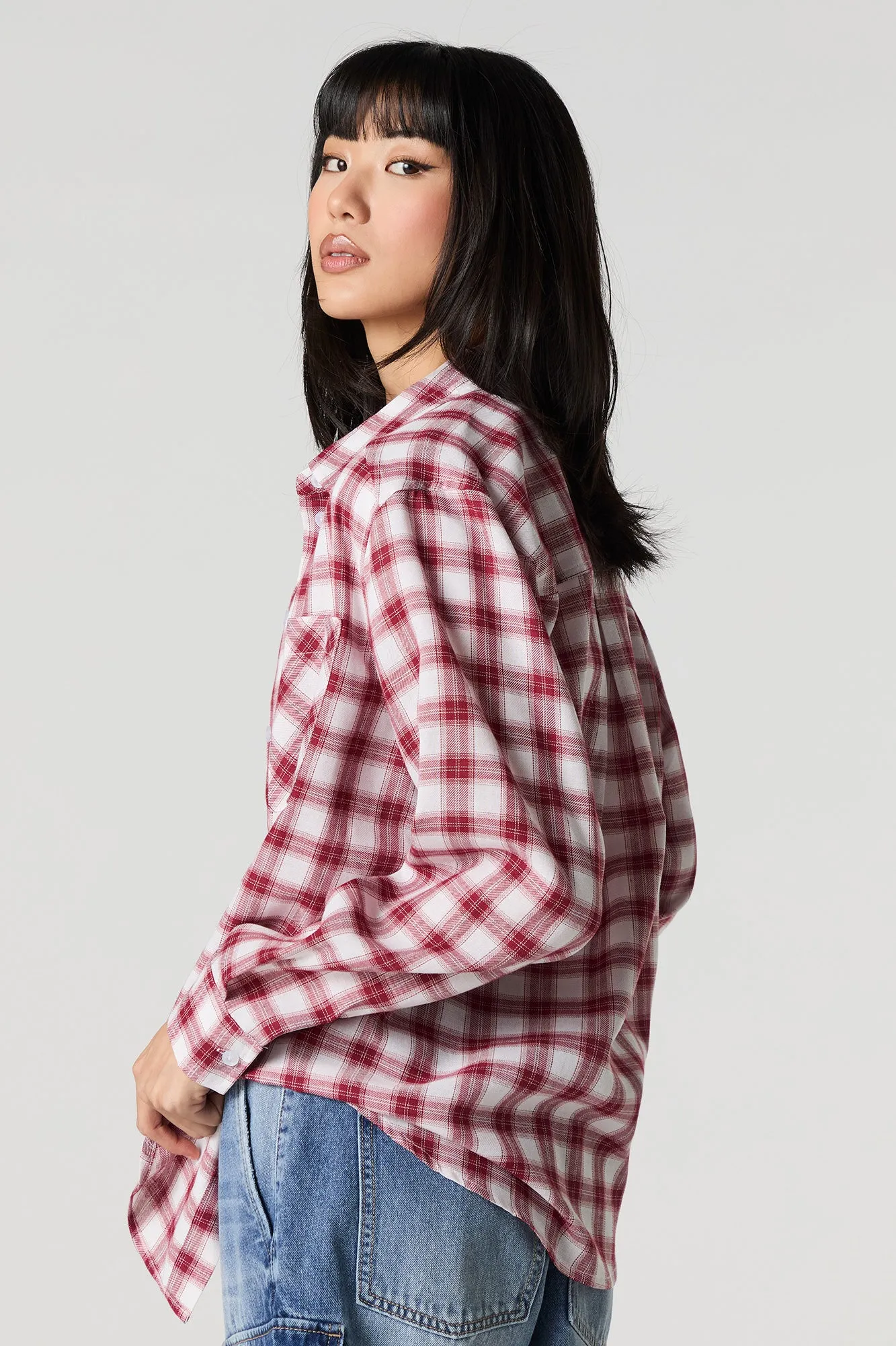 Plaid Long Sleeve Button-Up Top