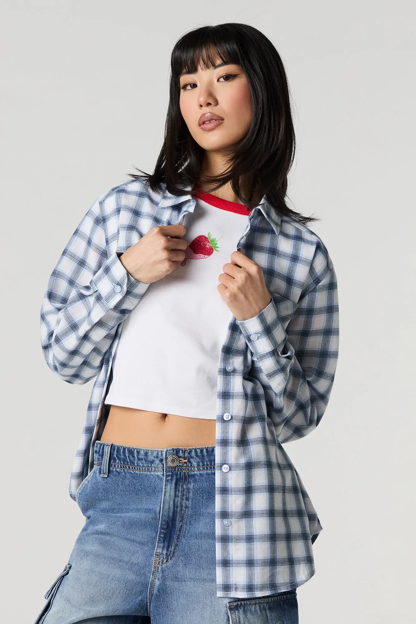 Plaid Long Sleeve Button-Up Top