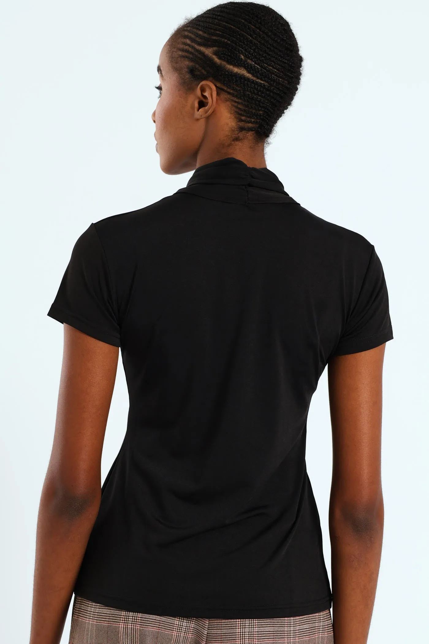 Pleated Tie Up Trim Blouse - Black