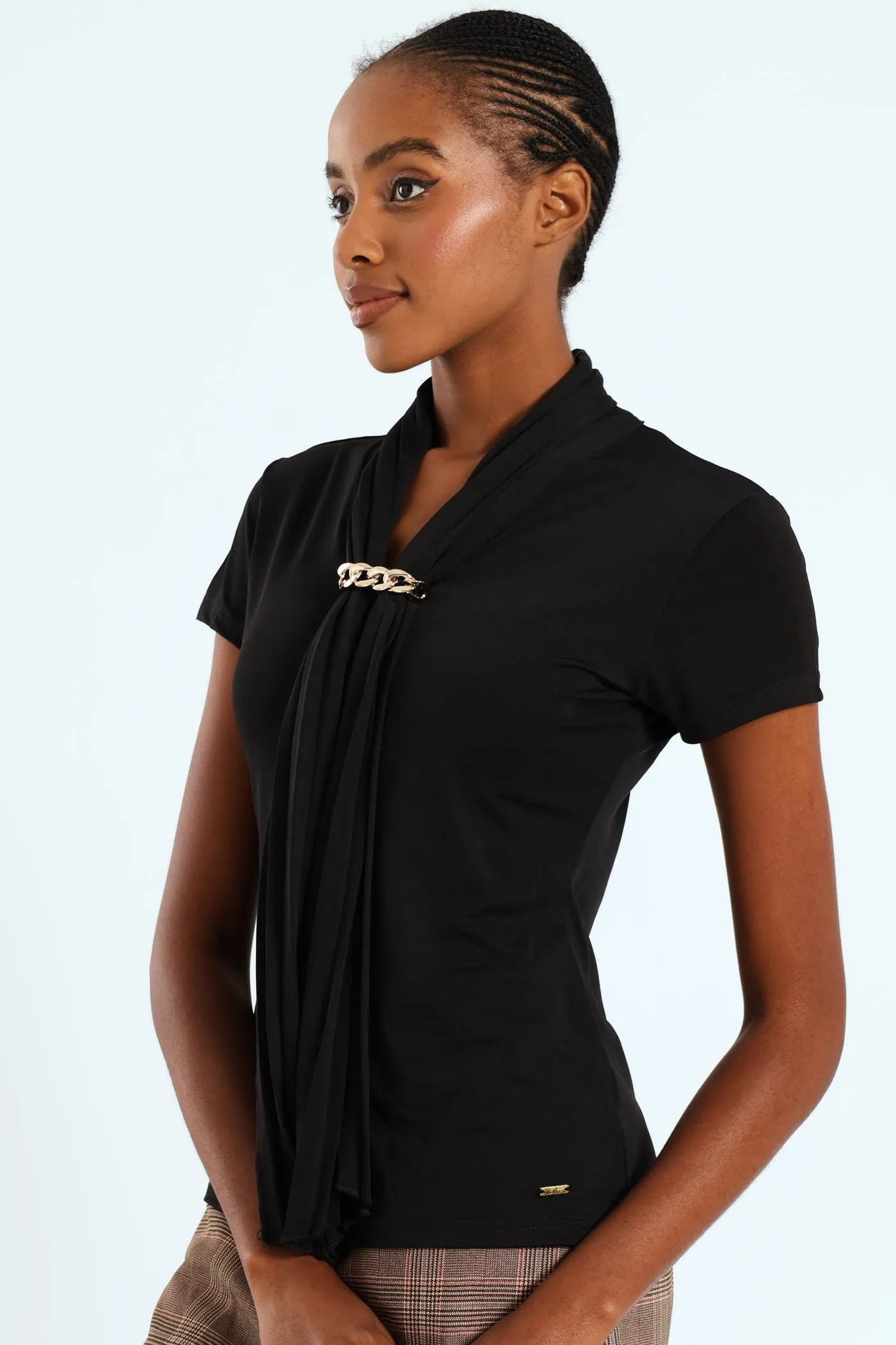 Pleated Tie Up Trim Blouse - Black