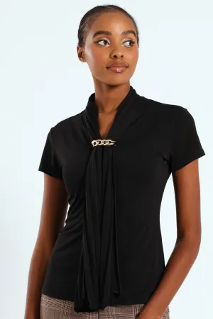 Pleated Tie Up Trim Blouse - Black