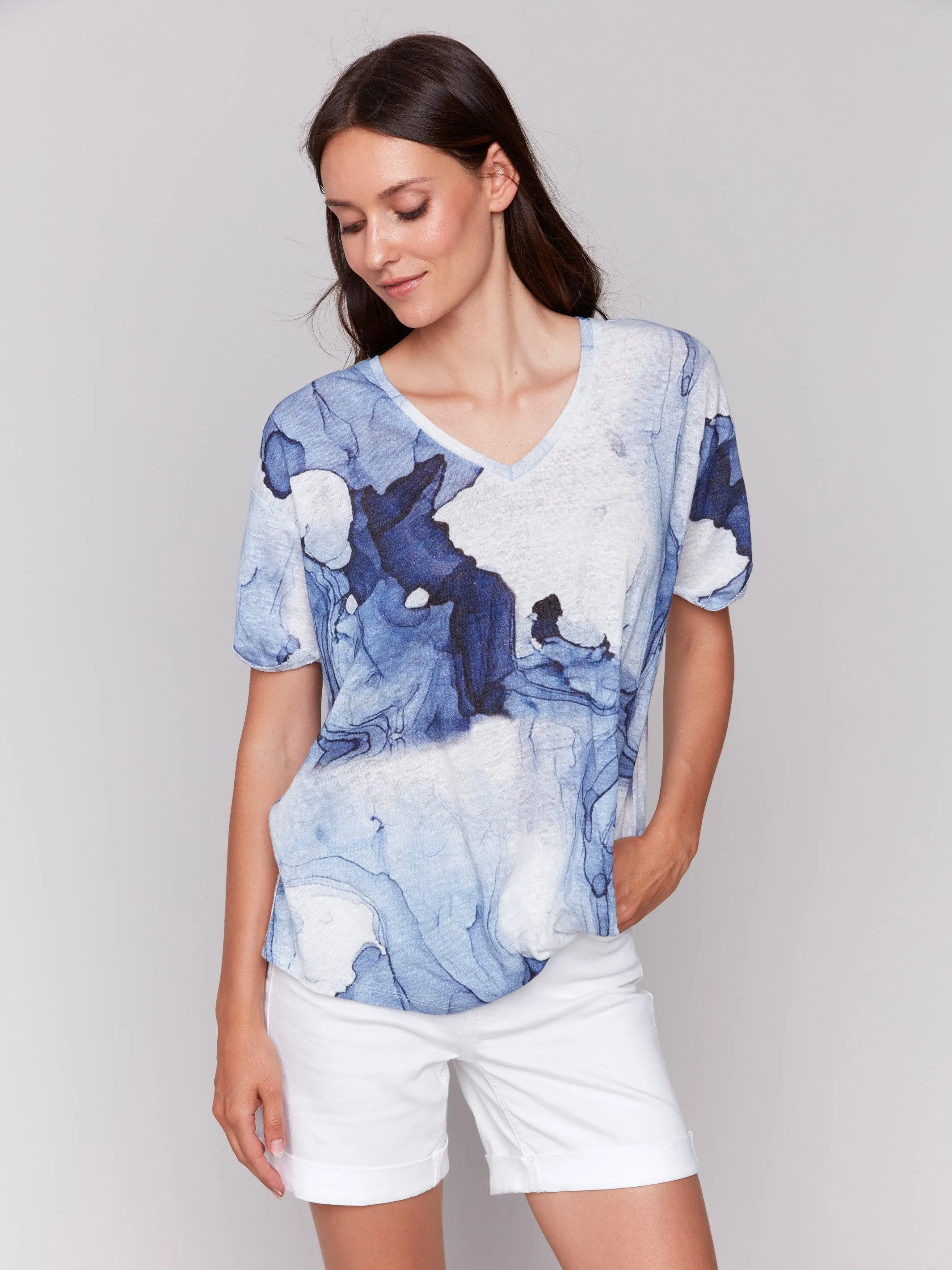 Printed Linen Blend T-Shirt with Twist Front - Ink