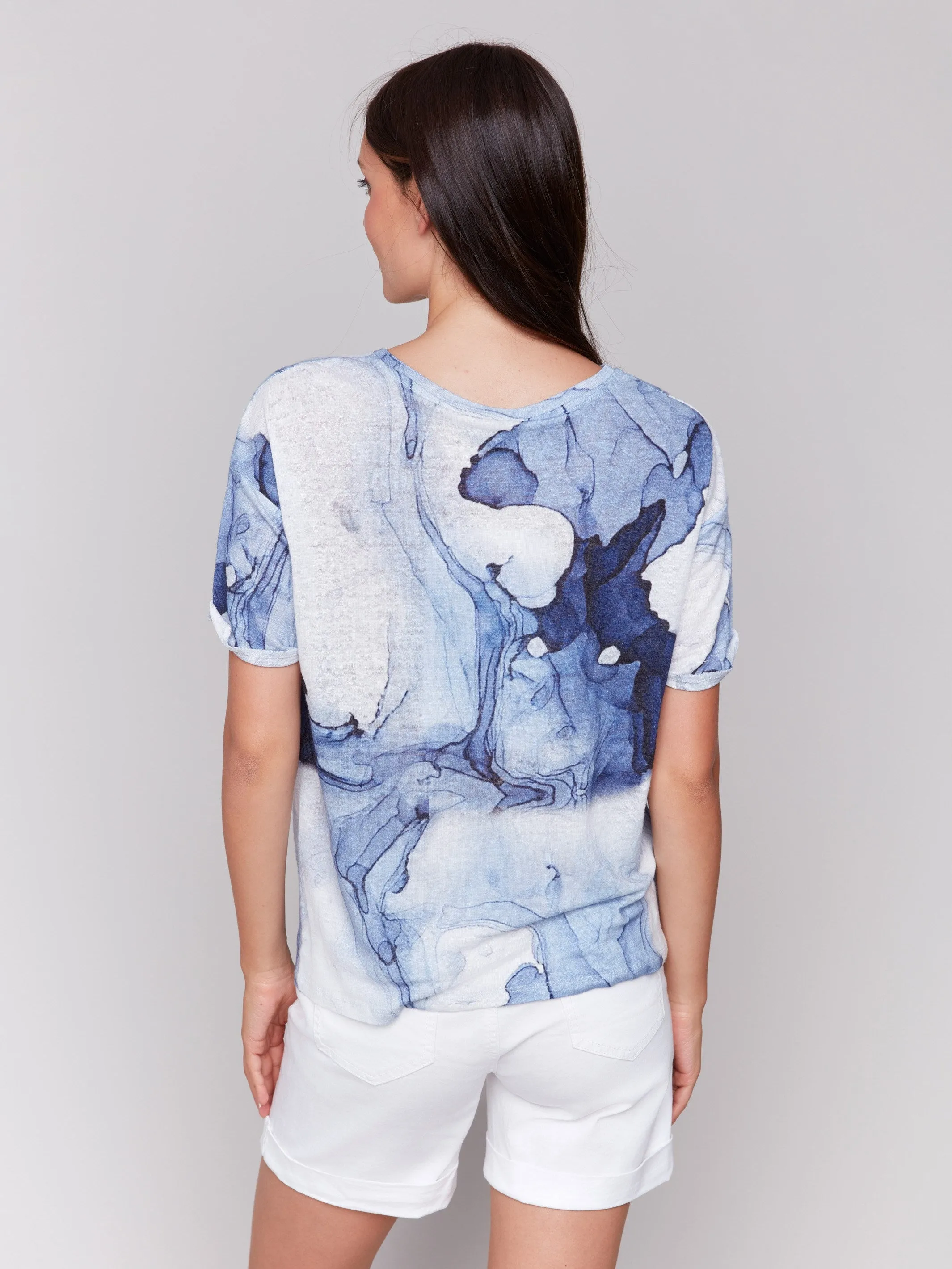 Printed Linen Blend T-Shirt with Twist Front - Ink