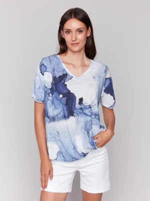 Printed Linen Blend T-Shirt with Twist Front - Ink