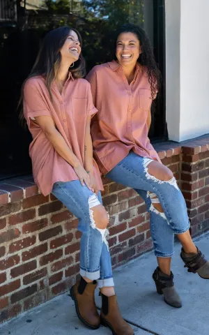 Rae Mode Solid Linen Oversize Fit Buttoned Top