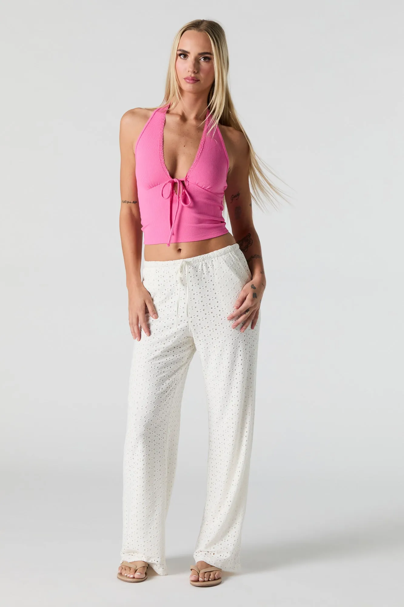 Ribbed Lace Trim Halter Top