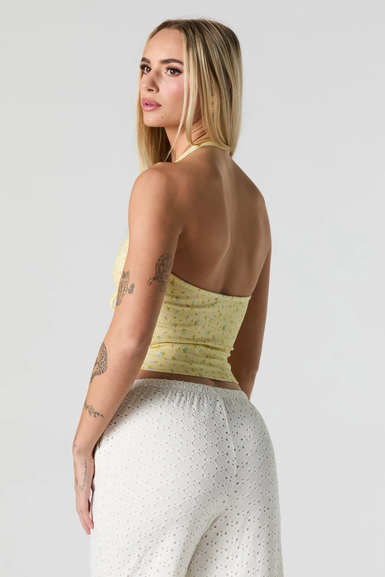 Ribbed Lace Trim Halter Top
