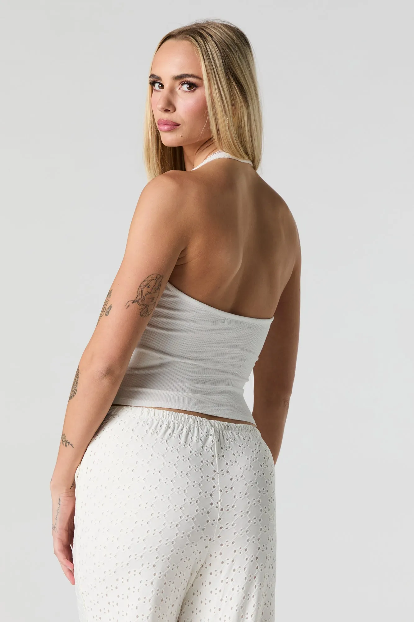 Ribbed Lace Trim Halter Top