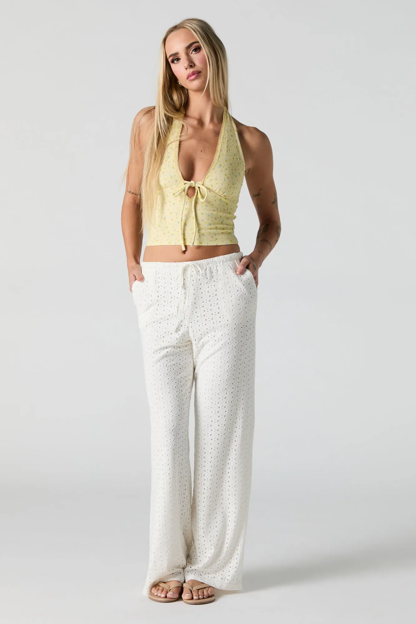 Ribbed Lace Trim Halter Top