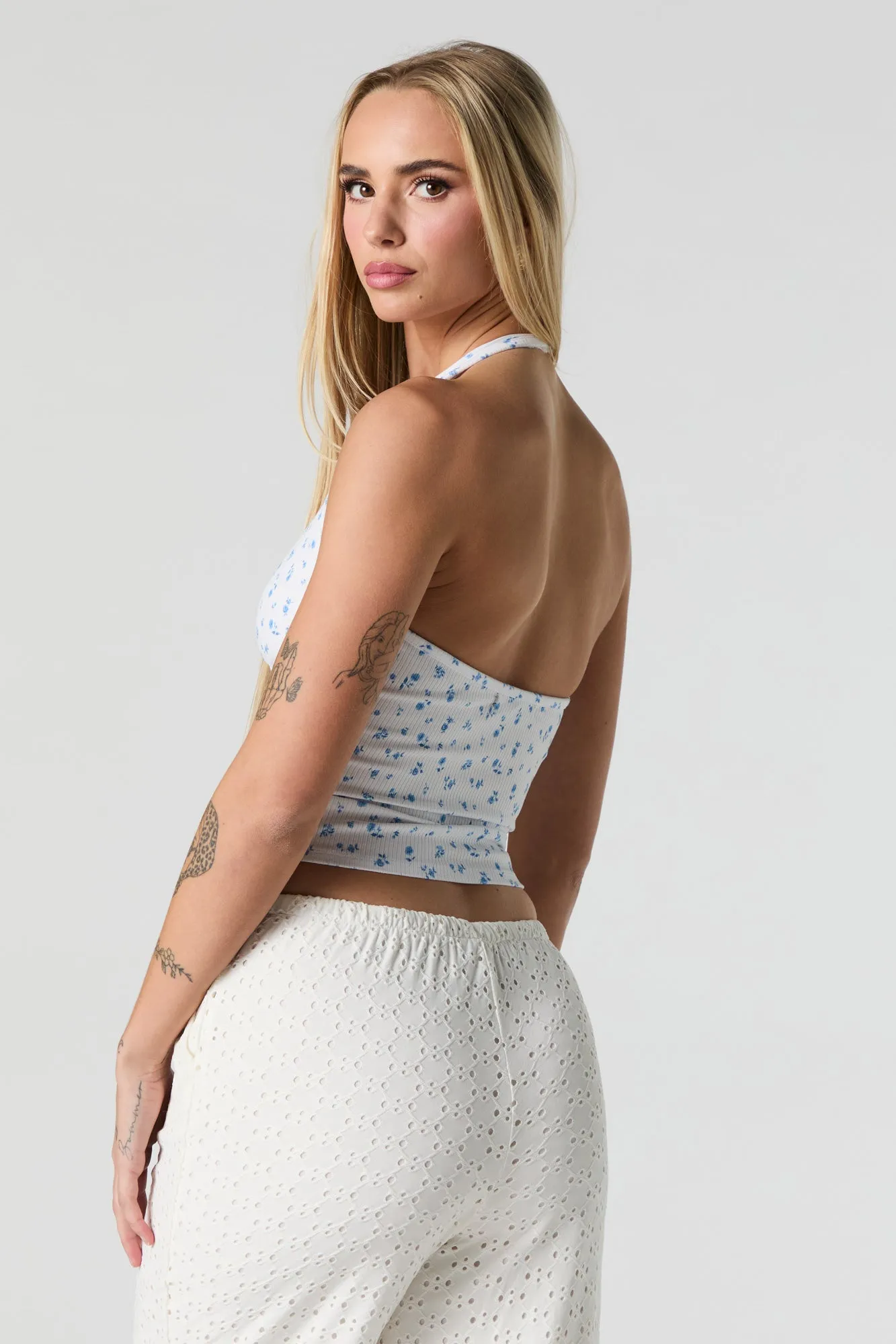 Ribbed Lace Trim Halter Top
