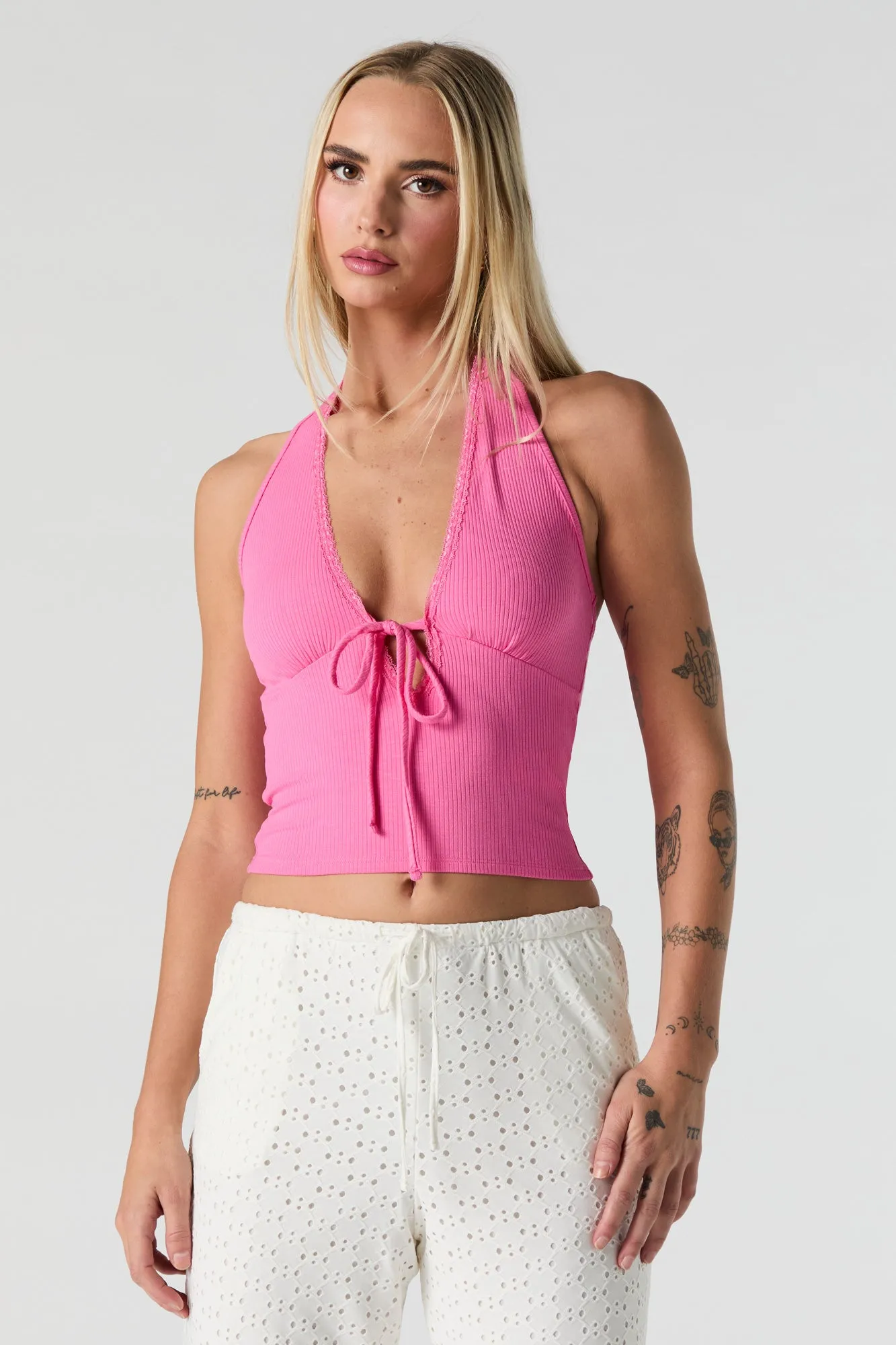 Ribbed Lace Trim Halter Top