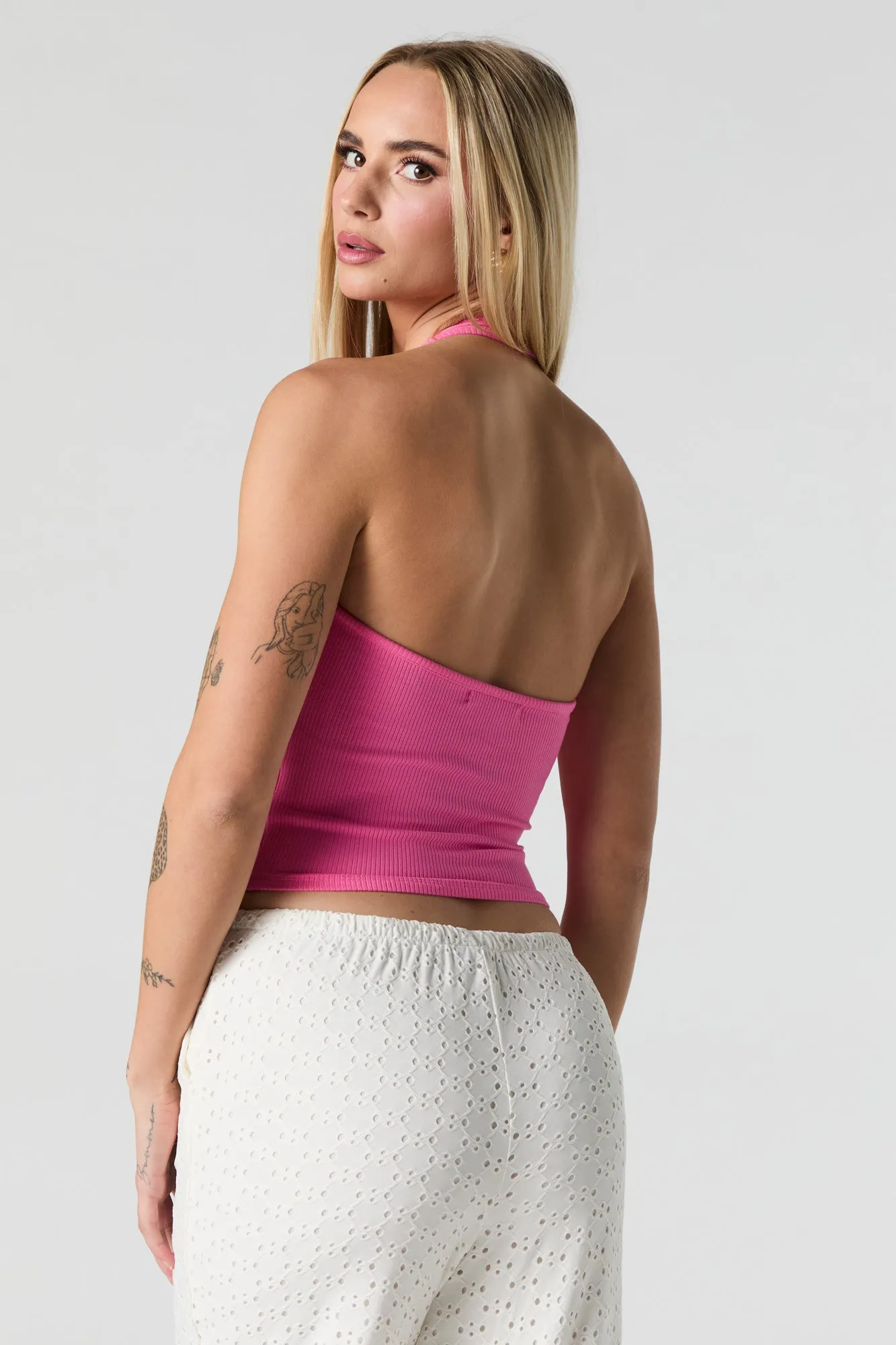 Ribbed Lace Trim Halter Top