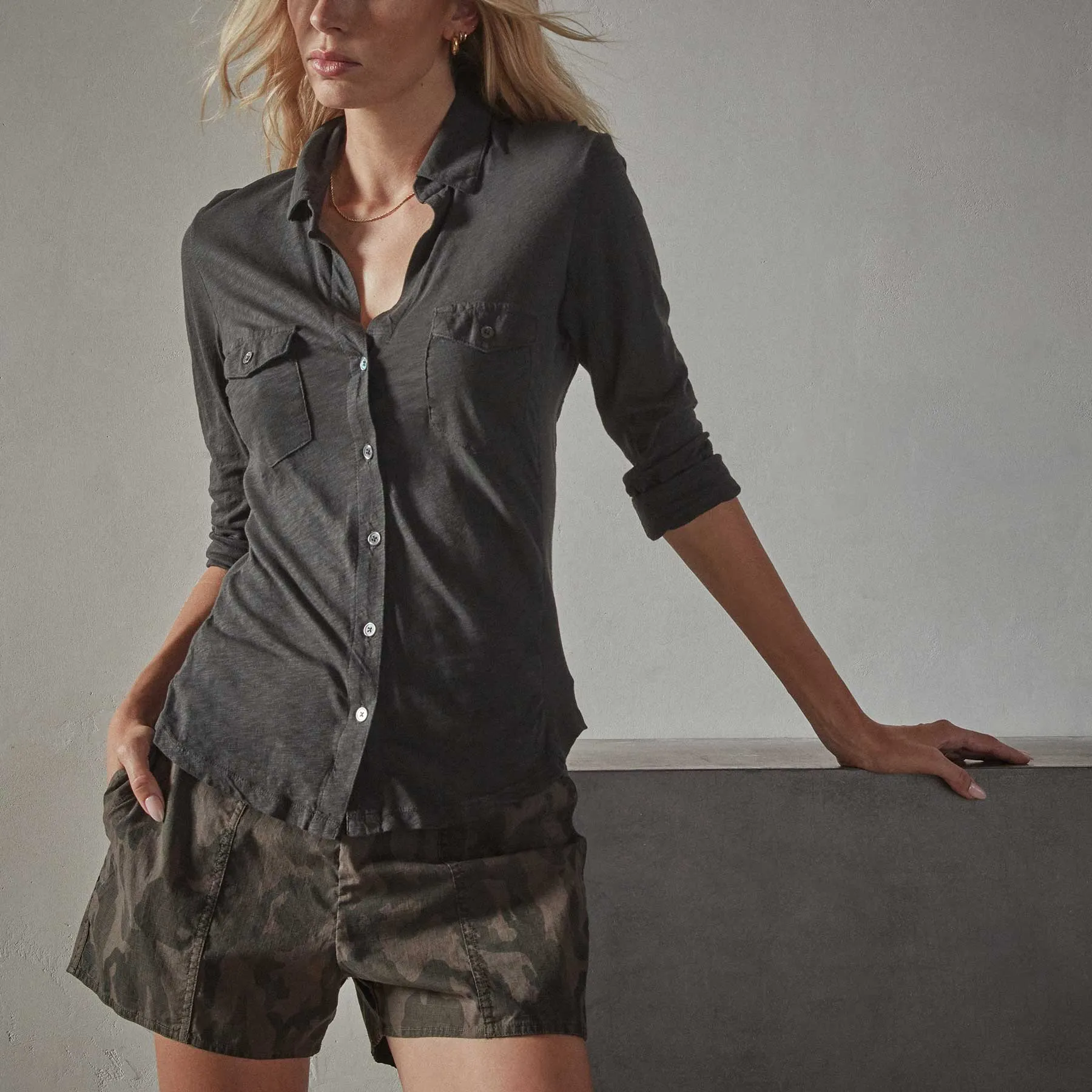 Sheer Slub Side Panel Shirt - Carbon