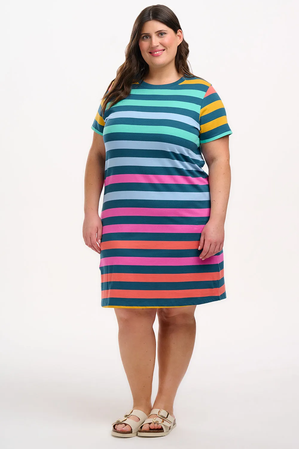 Sia T-Shirt Dress - Green/Multi. Staggered Pop Rainbow