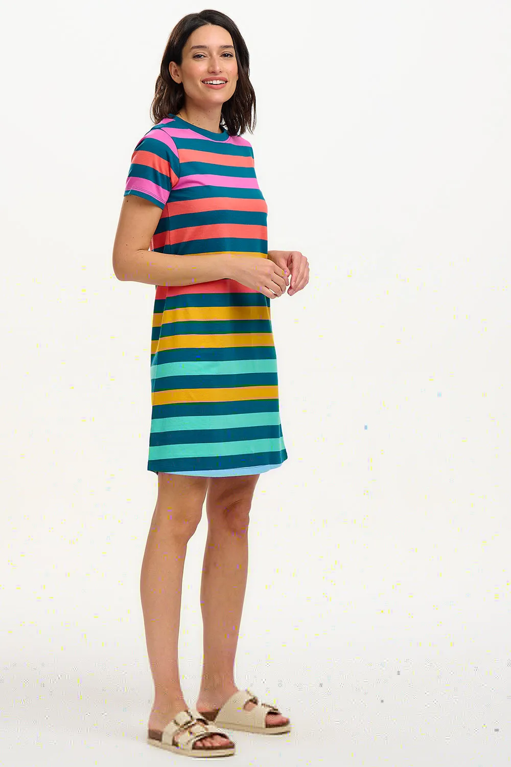 Sia T-Shirt Dress - Green/Multi. Staggered Pop Rainbow