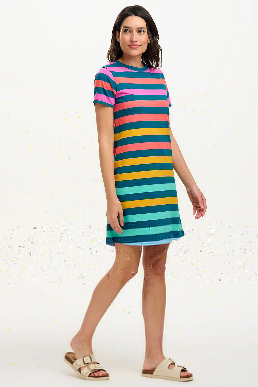 Sia T-Shirt Dress - Green/Multi. Staggered Pop Rainbow