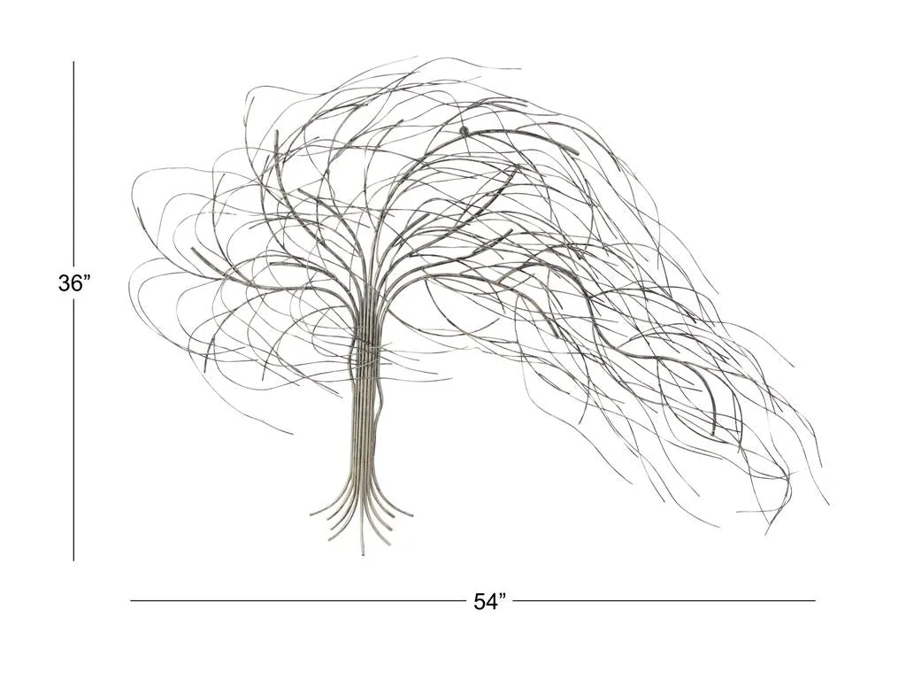 SILVER METAL TREE INDOOR OUTDOOR WALL DECOR WITH LONG BRANCH